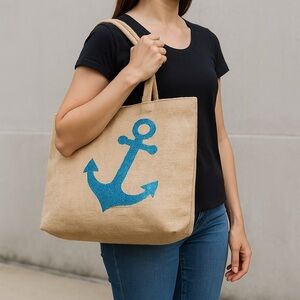 NEW Nautical Jute Tote Bag with Blue Sequin Anchor – Beach, Travel & Summer Bag